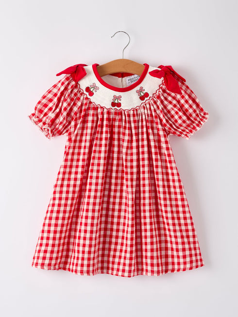 red-cherry-bow-plaid-smocking-embroidery-girls-dress Rylee Faith Designs - Sophia's StyleDress-1